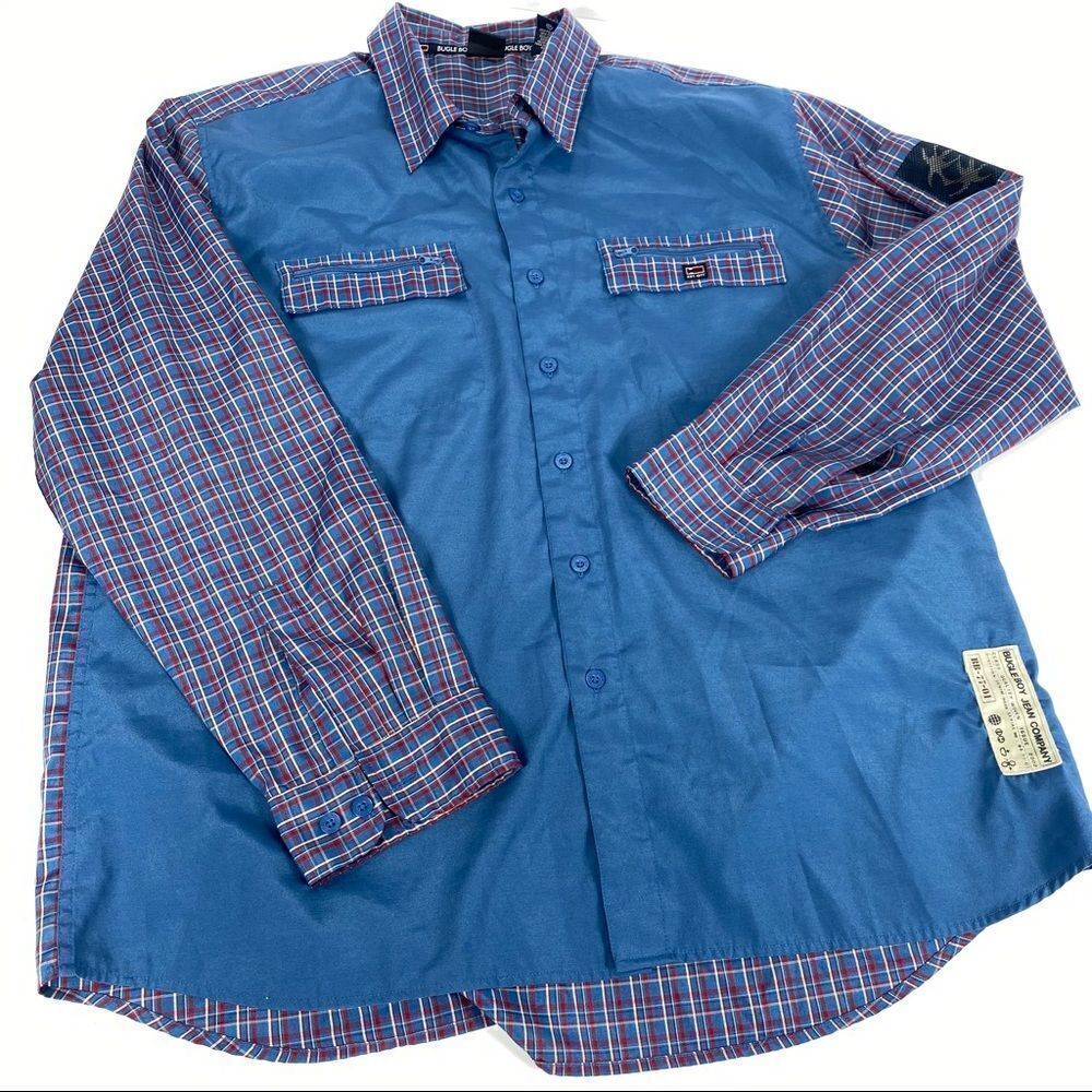 Vintage Bugle Boy Jean Company Long Sleeve Button Up Zip Pockets Plaid Shirt XL